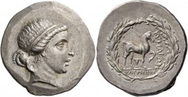 Aeolis, Cyme. Tetradrachm, magistrate Olympios, circa 160-150, AR 16.61 g. Diademed head of Kyme r. Rev. Horse standing r., l. foreleg arched high in ...