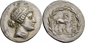 Aeolis, Cyme. Tetradrachm, magistrate Euktemon, circa 160-150, AR 17.00 g. Diademed head of Kyme r. Rev. Horse standing r., l. foreleg arched high in ...