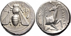 Ionia, Ephesus. Tetradrachm, magistrate Theaitos circa 360-350, AR 15.04 g. Bee seen from above. Rev. Forepart of a stag r., looking backwards; in r. ...