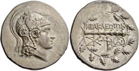Heraclea ad Latmun. Tetradrachm circa 189-170, AR 16.77 g. Helmeted head of Athena r.; helmet decorated with Pegasus, four foreparts of horses and pal...