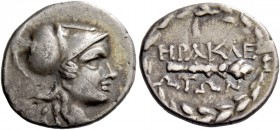 Heraclea ad Latmun. Hemidrachm after 165, AR 2.48 g. Head of Athena r., wearing Corinthian helmet. Rev. Club; all within wreath. SNG Copenhagen 782. S...