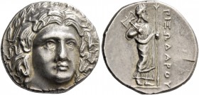 Satraps of Caria. Pixodarus, 341-336. Didrachm circa 340-334 BC, AR 6.98 g. Wreathed and draped head of Apollo facing slightly r. Rev. Zeus standing r...