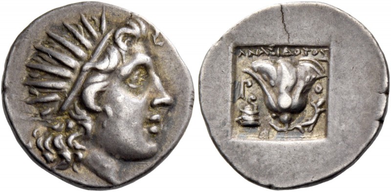 Rhodes. Drachm circa 167-88, AR 2.84 g. Radiate head of Helios r. Rev. Rose with...