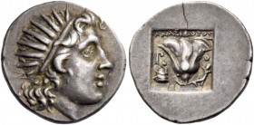 Rhodes. Drachm circa 167-88, AR 2.84 g. Radiate head of Helios r. Rev. Rose with vine to r.; in l. field, snake coiled around omphalos. All within inc...