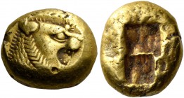 Kings of Lydia, uncertain king before 561. Third of siglos or Trite, Sardes before 561, EL 4.74 g. Lion's head with open jaws; on forehead, dot with m...