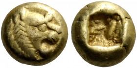 Kings of Lydia, uncertain king before 561. Hemihecte, Sardes before 561, EL 1.19 g. Lion's head with open jaws; on forehead, dot. Rev. Rough incuse pu...