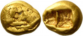 Time of Croesus, 561-546 or later. Third of siglos or Trite heavy series, Sardes circa 561-546, EL 3.57 g. Confronted foreparts of lion, with extended...