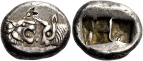 Time of Croesus, 561-546 or later. Siglos, Sardes circa 561-546, AR 5.36 g. Confronted foreparts of lion, with extended r. foreleg, and bull. Rev. Bip...