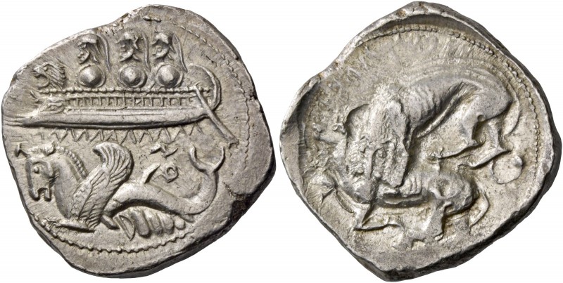 Phoenicia, Byblos. Shekel circa 365-350, AR 13.30 g. Three hoplites on galley l....