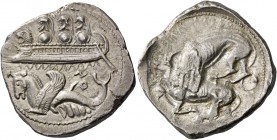 Phoenicia, Byblos. Shekel circa 365-350, AR 13.30 g. Three hoplites on galley l.; below winged hippocamp l. Rev. Lion attacking bull. HGC 10, 133. SNG...