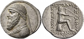 Kings of Parthia, Mithradates II, 129 – 88. Tetradrachm, Seleukia circa 129-88, AR 15.12 g. Diademed bust of Mithradates l. Rev. Parthian archer seate...