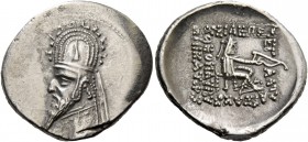 Sinatrukes. 93/2-70/69. Drachm, Rhagae 93-69, AR 4.26 g. Bust l., wearing tiara. Rev. Archer seated on throne r., holding bow. Shore 114 (Gotarzes I)....