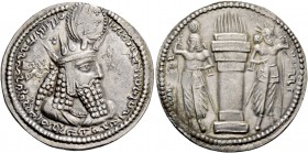 Sasanian Kings, Varhãm (Bahram) I, 273 – 276. Drachm circa 273-276, AR 4.28 g. Bust r., wearing diadem and radiate crown with korymbos and earflaps; i...