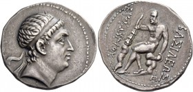 The kings of Bactria, Euthydemos I, 230 – 190. Tetradrachm Balkh circa 205-190, AR 16.29 g. Diademed head r. Rev. Heracles resting on lion's skin drap...