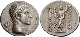 Agathocles, 185 – 170. Tetradrachm, Merv circa 185-170, AR 16.73 g. Diademed head r. Rev. Zeus standing facing, holding spear and a small statue of He...