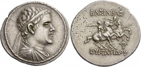 Eucratides I, 171 – 145. Tetradrachm, Merv circa 171-145, AR 16.79 g. Diademed and draped bust r. Rev. The Dioscuri on prancing horses r. both holding...