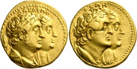 Ptolemy II Philadelphos, 285 – 246. Octodrachm, Alexandria after 265, AV 27.69 g. Jugate busts r. of Ptolemy II, draped and diademed and Arsinoe II, d...