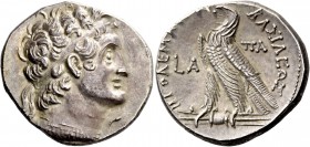 Ptolemy XII, 114 – 88. Tetradrachm, Cyprus 114, AR 13.79 g. Diademed bust of Ptolemy I r., with aegis. Rev. Eagle standing l. on thunderbolt; in l. fi...
