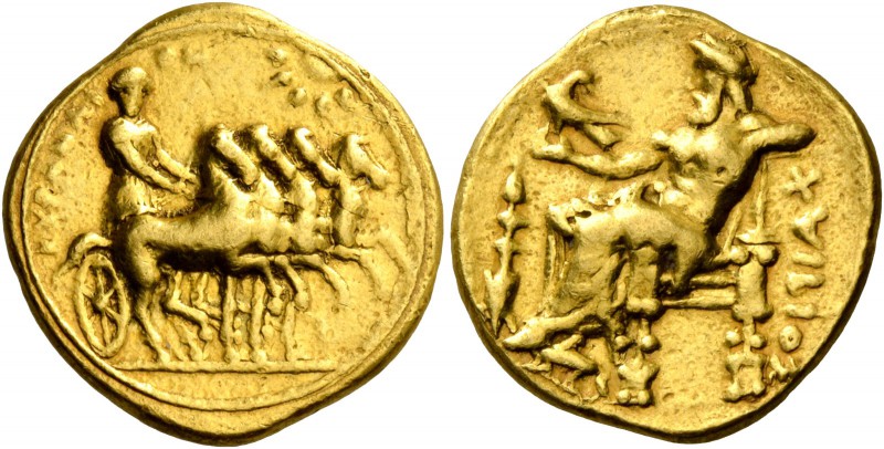 Cyrenaica, Cyrene. Stater circa 322-314, AV 8.60 g. Slow quadriga driven r. by N...