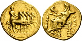Cyrenaica, Cyrene. Stater circa 322-314, AV 8.60 g. Slow quadriga driven r. by Nike, holding kentron and reins; above, sun. Rev. Zeus-Ammon seated l.,...