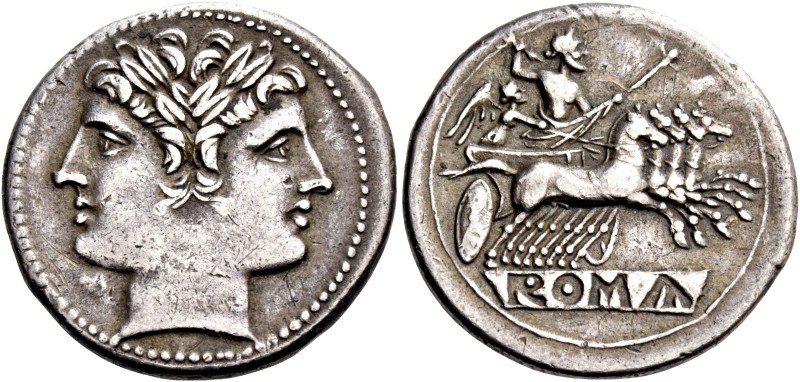 Quadrigatus circa 225-214, AR 6.42 g. Laureate Janiform head of Dioscuri. Rev. J...