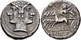 Drachm circa 225-214, AR 3.23 g. Laureate Janiform head of Dioscuri. Rev. Jupiter, holding sceptre and hurling thunderbolt, in fast quadriga l. driven...