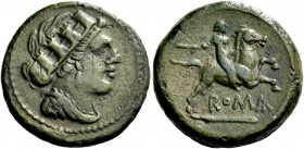 Semuncia circa 217-215, Æ 6.50 g. Draped female bust r., wearing turreted crown. Rev. Horseman galloping r., holding whip and reins; below, ROMA. Syde...