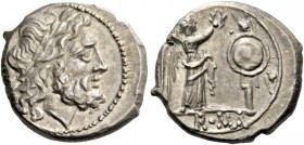 Victoriatus after 218, AR 3.23 g. Laureate head of Jupiter r. Rev. Victory r., crowning trophy; in exergue, ROMA. Sydenham 83. RBW –. Crawford 44/1.
R...