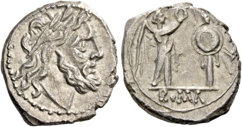 Victoriatus after 218, AR 3.24 g. Laureate head of Jupiter r. Rev. Victory r., c...