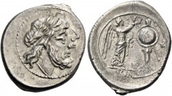 Victoriatus after 218, AR 3.29 g. Laureate head of Jupiter r. Rev. Victory r., crowning trophy; in exergue, ROMA. Sydenham 83. RBW –. Crawford 44/1.
S...
