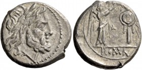 Victoriatus after 218, AR 3.34 g. Laureate head of Jupiter r. Rev. Victory r., crowning trophy; in exergue, ROMA. Sydenham 83. RBW –. Crawford 44/1.
A...