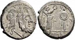 Victoriatus after 218, AR 2.96 g. Laureate head of Jupiter r. Rev. Victory r., crowning trophy; in exergue, ROMA. Sydenham 83. RBW –. Crawford 44/1.
G...