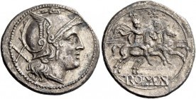 Denarius circa 214-213, AR 3.80 g. Helmeted head of Roma r.; behind, X. Rev. Dioscuri galloping r.; in exergue, ROMA partially incuse on raised tablet...