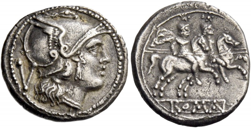 Quinarius circa 214-213, AR 2.43 g. Helmeted head of Roma r.; behind, V. Rev. Th...