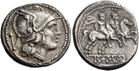 Quinarius circa 214-213, AR 2.43 g. Helmeted head of Roma r.; behind, V. Rev. The Dioscuri galloping r.; in exergue, ROMA in linear frame. Sydenham 16...