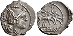 Sestertius circa 214-213, AR 1.12 g. Helmeted head of Roma r.; behind, IIS. Rev. The Dioscuri galloping r.; below, ROMA in linear frame. Sydenham 142....
