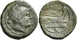 Uncia after 211, Æ 3.11 g. Head of Roma r., wearing Attic helmet; behind, pellet. Rev. ROMA Prow r.; below, pellet. Sydenham 143e. RBW 215. Crawford 5...