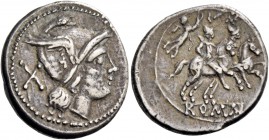 Denarius, Central Italy circa 211-208, AR 4.27 g. Helmeted head of Roma r.; behind, X. Rev. The Dioscuri galloping r.; behind, Victory with wreath. Be...