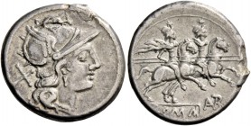 Autr. Denarius circa 189-180, AR 3.70 g. Helmeted head of Roma r.; behind, X. Rev. The Dioscuri galloping r.; below, AVTR ligate and ROMA in partial t...