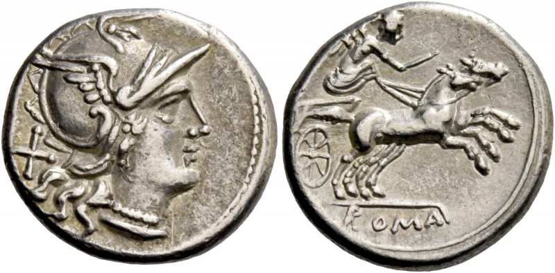 Denarius 157-156, AR 3.90 g. Helmeted head of Roma r.; behind X. Rev. Victory in...