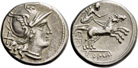 Denarius 157-156, AR 3.90 g. Helmeted head of Roma r.; behind X. Rev. Victory in prancing biga r.; in exergue, ROMA. Sydenham 376. RBW 846. Crawford 1...