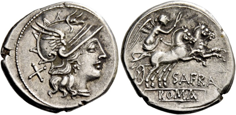 S. Afranius. Denarius 150, AR 3.87 g. Helmeted head of Roma r.; behind, X. Rev. ...