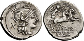 S. Afranius. Denarius 150, AR 3.87 g. Helmeted head of Roma r.; behind, X. Rev. Victory in prancing biga r.; below, SAFRA and ROMA in partial tablet. ...