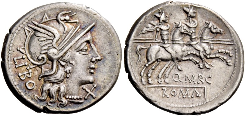 Q. Marcius Libo. Denarius 148, AR 3.53 g. Helmeted head of Roma r., behind, LIBO...