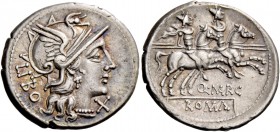Q. Marcius Libo. Denarius 148, AR 3.53 g. Helmeted head of Roma r., behind, LIBO and below chin, X. Rev. The Dioscuri galloping r.; below horses, Q·MA...