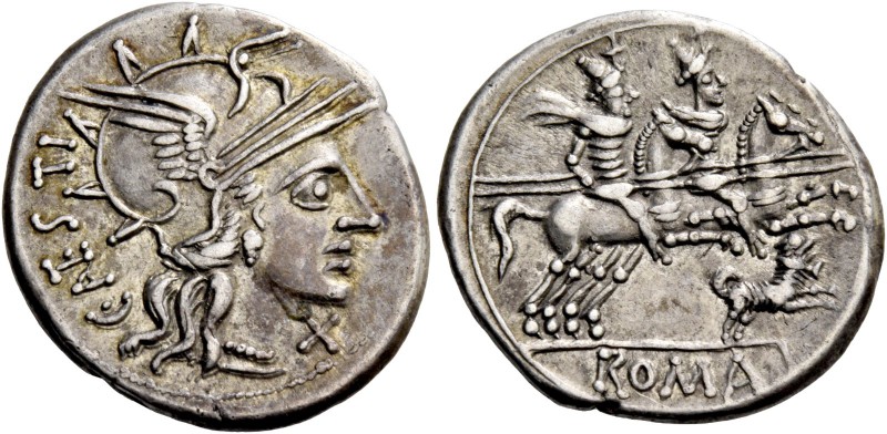 C. Antesti. Denarius 146, AR 3.82 g. Helmeted head of Roma r.; behind, C·ANTESTI...