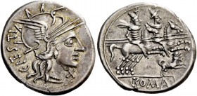 C. Antesti. Denarius 146, AR 3.82 g. Helmeted head of Roma r.; behind, C·ANTESTI and below chin, X. Rev. The Dioscuri galloping r.; below horses, pupp...