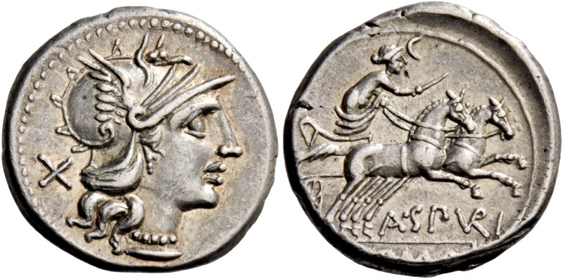 A. Spurius or A. Spurilius. Denarius 139, AR 3.69 g. Helmeted head of Roma r.; b...