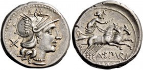 A. Spurius or A. Spurilius. Denarius 139, AR 3.69 g. Helmeted head of Roma r.; behind, X. Rev. Luna in fast biga r.; below, A·SPVRI and ROMA in partia...