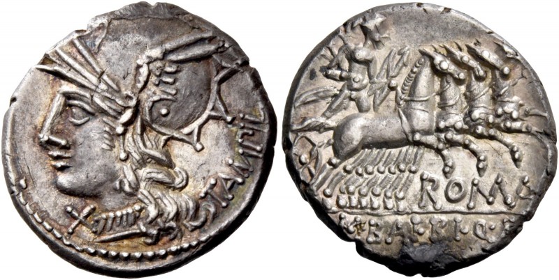 M. Baebius Q.f. Tampilus. Denarius 137, AR 3.95 g. Helmeted head of Roma l., wea...